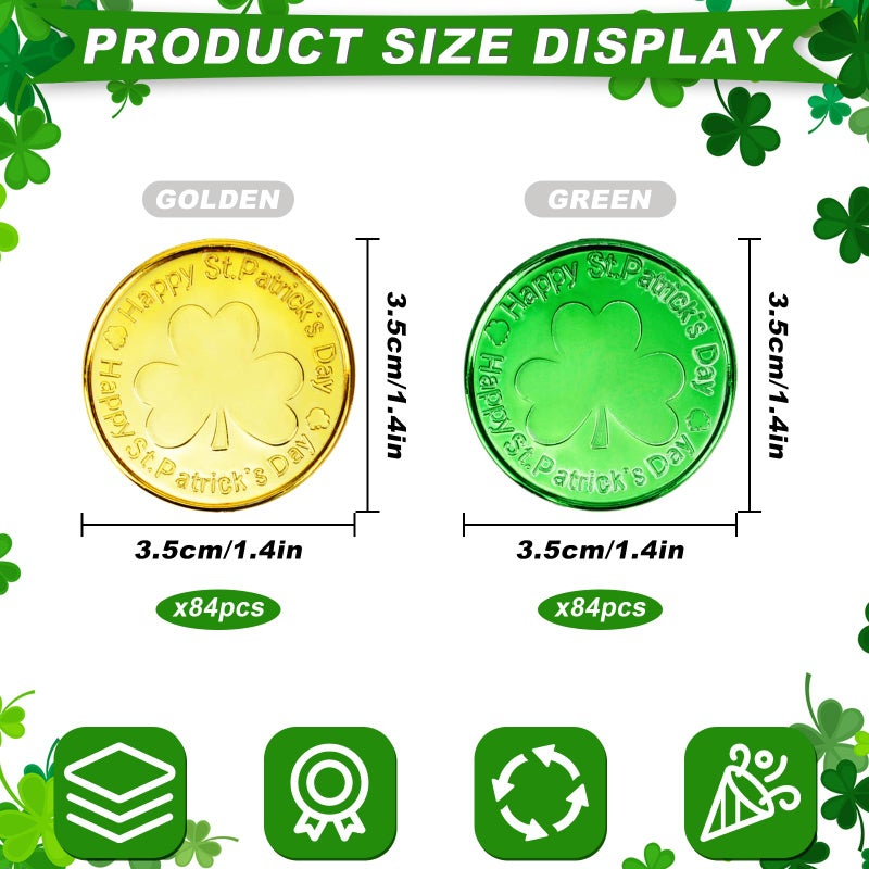 Qumenan 168 PCS St Patricks Day Coins Plastic Gold and Green St Patrick's Day Coins Decorations Party Lucky Patrick Shamrock Leprechaun Clover Favors for Irish Supplies - Image 2